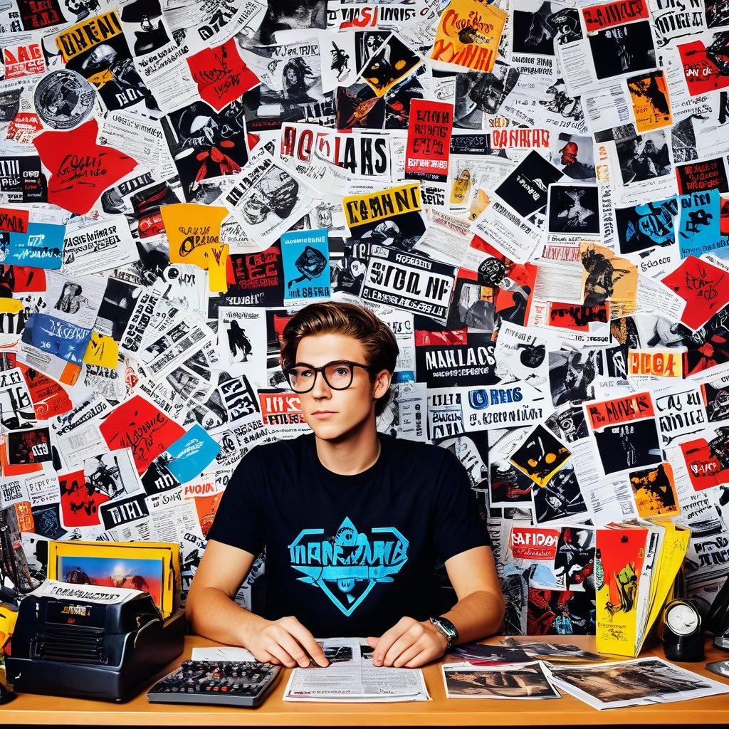A vibrant collage featuring a passionate fan at a desk surrounded by memorabilia, illustrating the evolution of fandom from simple hobbies to impactful social commentary. The background showcases iconic symbols of Simon's journey, merging past and contemporary fan culture. Include elements like concert tickets, art supplies, and social media icons to highlight engagement. The colors should be bold and diverse, reflecting the dynamic nature of fan communities. super-realistic. vibrant colors. white background.