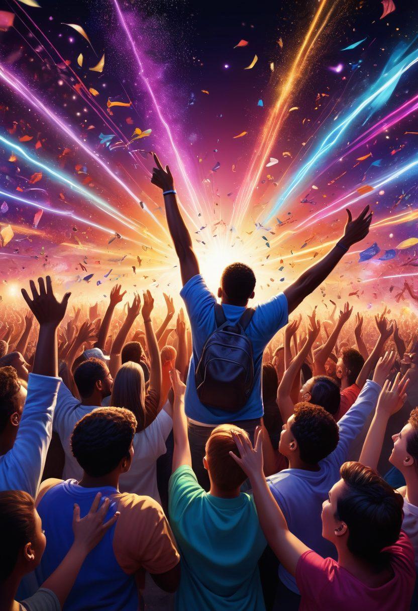 A vibrant illustration of a diverse group of enthusiastic fans, united in a creative and colorful environment, showcasing their passions through art, music, and collaboration. The background depicts elements of community spirit like banners, shared goals, and cheering crowds. Include bright emotions and connectedness among the fans, with sparks of inspiration represented in the air. super-realistic. vibrant colors. 3D.
